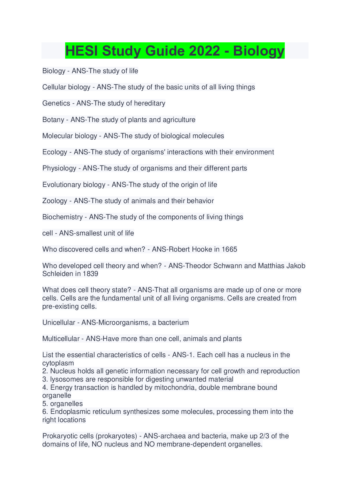 Preview image of HESI Study Guide 2022 - Biology document